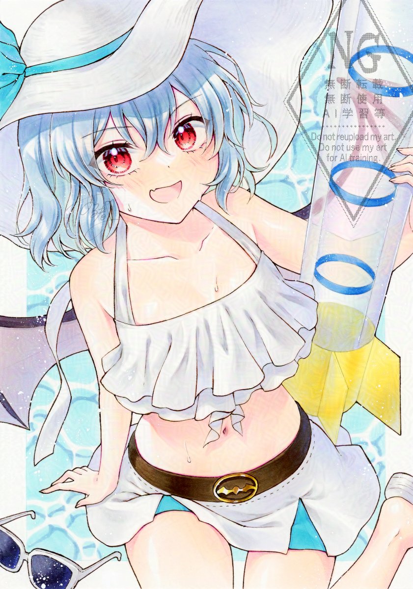 alto2019, remilia scarlet, remilia scarlet (vampire prepared for splashes and sunlight), touhou, touhou lostword, adversarial noise, commentary request, highres, 1girl, alternate costume, alternate headwear, bikini, bikini skirt, blush, collarbone, fang, hat, holding, looking at viewer, navel, open mouth, skin fang, smile, solo, stomach, sun hat, sunglasses, sweat, swimsuit, unworn eyewear, water, water rocket, watermark, white bikini, white hat