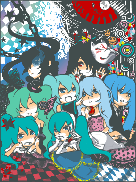 shiratama (shiratama gold), black rock shooter (character), hatsune miku, hatsune miku (saihate), black rock shooter, cantarella (vocaloid), cendrillon (vocaloid), koi wa sensou (vocaloid), magnet (vocaloid), musunde hiraite rasetsu to mukuro (vocaloid), romeo to cinderella (vocaloid), saihate (vocaloid), vocaloid, world is mine (vocaloid), argyle, bad id, bad pixiv id, 10s, 6+girls, apple, aqua eyes, aqua hair, black hair, blue eyes, blue hair, chain, chibi, food, fox mask, fruit, mask, multiple girls, multiple persona, polka dot, red eyes, songover, twintails