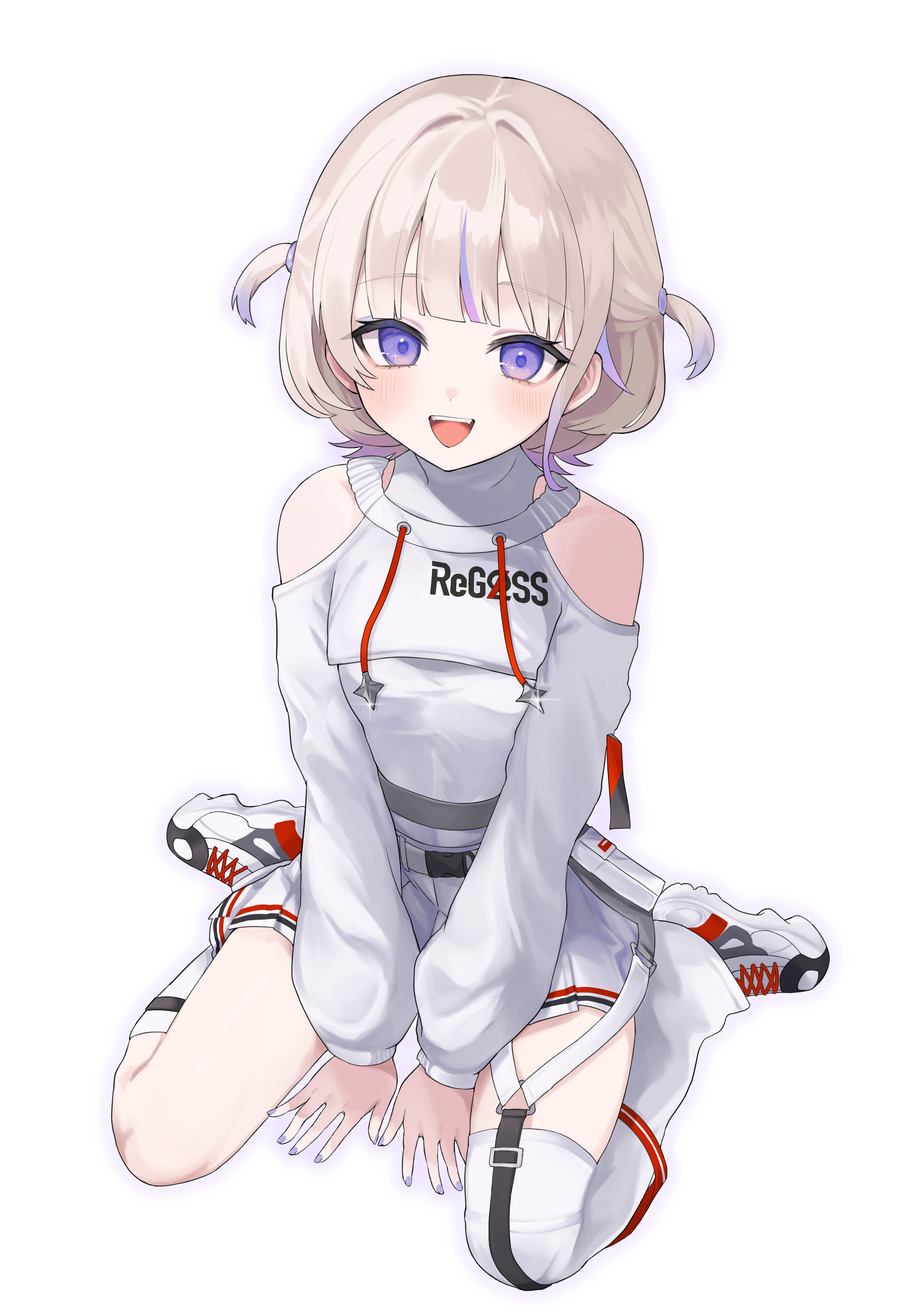 todoroki hajime, todoroki hajime (regloss uniform), hololive, hololive dev is, absurdres, commentary request, highres, 1girl, blonde hair, breasts, clothing cutout, leotard, looking at viewer, multicolored hair, nail polish, pleated skirt, purple eyes, purple hair, purple nails, shirakabamoga, shoes, short hair, shoulder cutout, shrug (clothing), simple background, single thighhigh, sitting, skirt, small breasts, solo, streaked hair, thighhighs, virtual youtuber, wariza, white background, white leotard, white shoes, white shrug, white skirt, white thighhighs