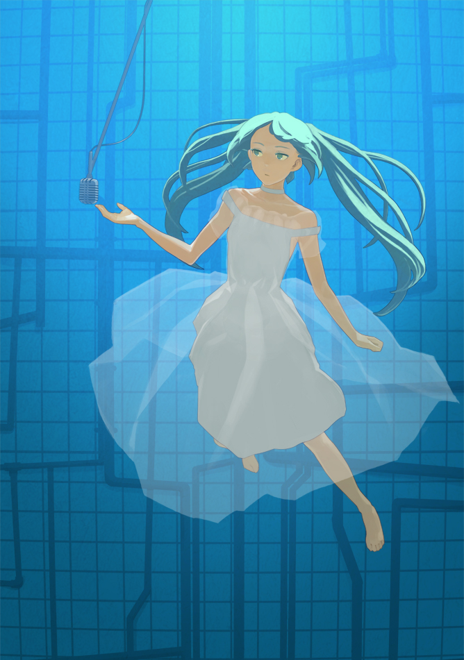 on4ce, hatsune miku, vocaloid, 1girl, aqua eyes, aqua hair, barefoot, dress, female focus, full body, long hair, microphone, solo, twintails, white dress