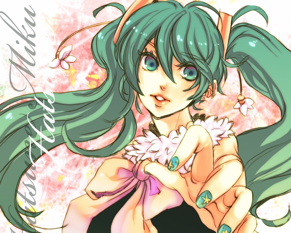 sumitani, hatsune miku, vocaloid, bad id, bad pixiv id, 1girl, aqua eyes, aqua hair, aqua nails, female focus, flower, long hair, nail art, nail polish, smile, solo, twintails