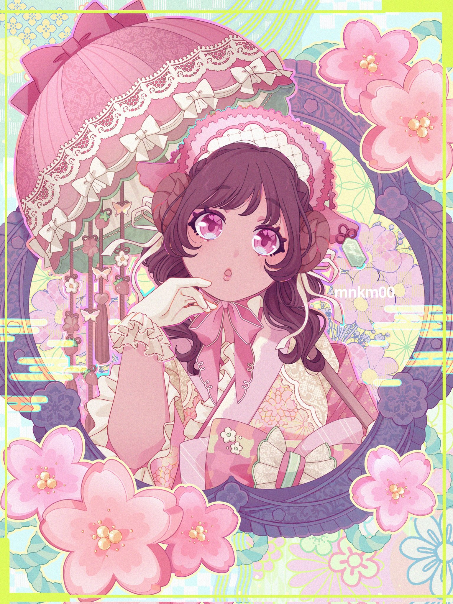 original, commentary, hashtag-only commentary, highres, 1girl, :o, artist name, blue background, bonnet, border, bow, bowtie, brown hair, cherry blossoms, cropped torso, dot nose, double bun, dress, extra ears, eyelashes, floral background, flower, frilled bow, frilled dress, frilled sleeves, frills, gloves, green border, hair bun, hair over shoulder, hair ribbon, hand on own cheek, hand on own face, holding, holding umbrella, japanese clothes, kimono dress, lace-trimmed headwear, lace trim, large bow, light blush, lolita fashion, long hair, long sleeves, looking at viewer, open mouth, parasol, pink bonnet, pink bow, pink bowtie, pink dress, pink eyes, pink flower, pink umbrella, reean, ribbon, solo, tareme, two-tone dress, umbrella, umbrella over shoulder, wa lolita, waist bow, wavy hair, white bow, white dress, white gloves, white ribbon