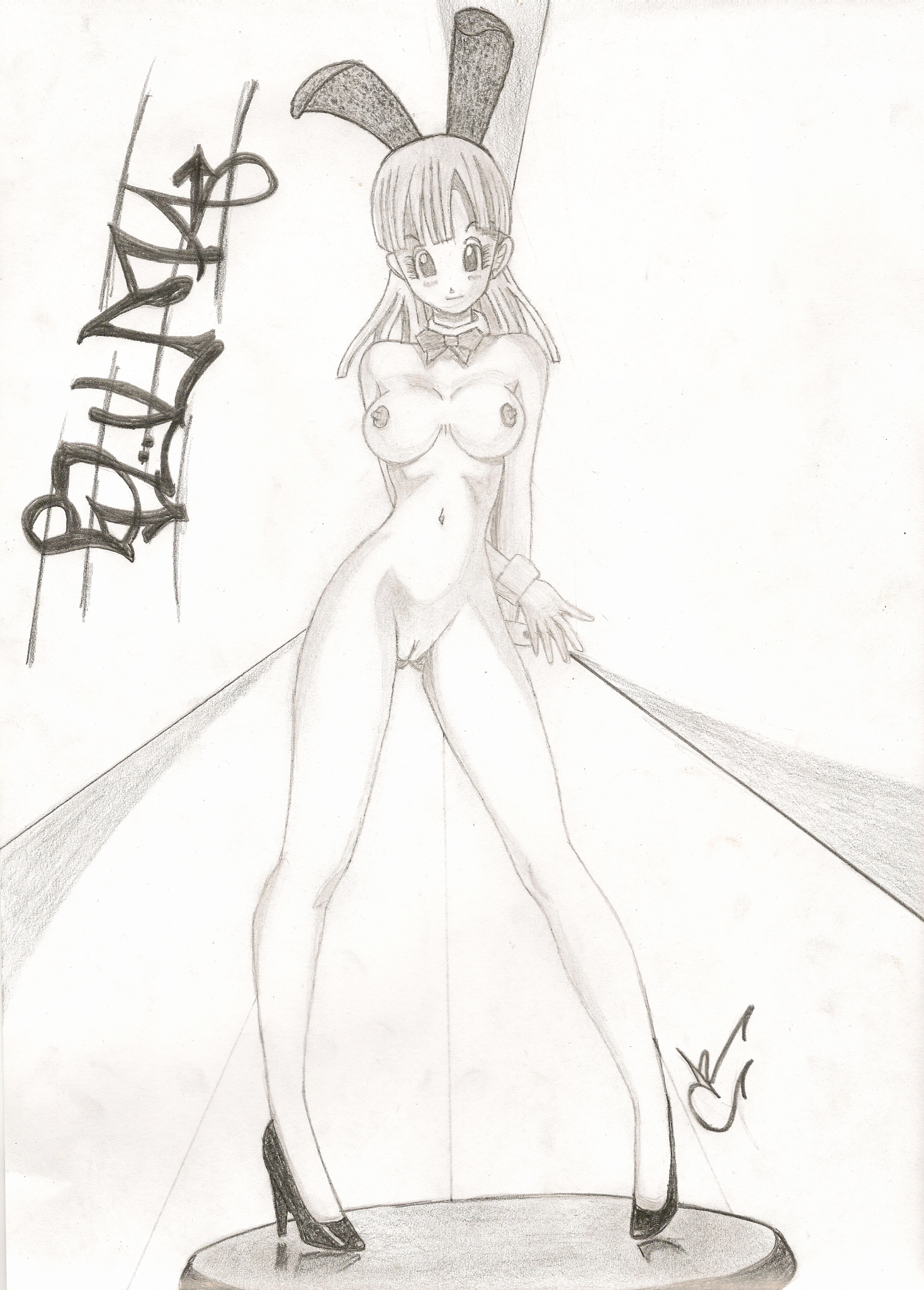 bulma, dragon ball, highres, animal ears, breasts, monochrome, nude, pussy, rabbit ears, reiaya (artist), uncensored