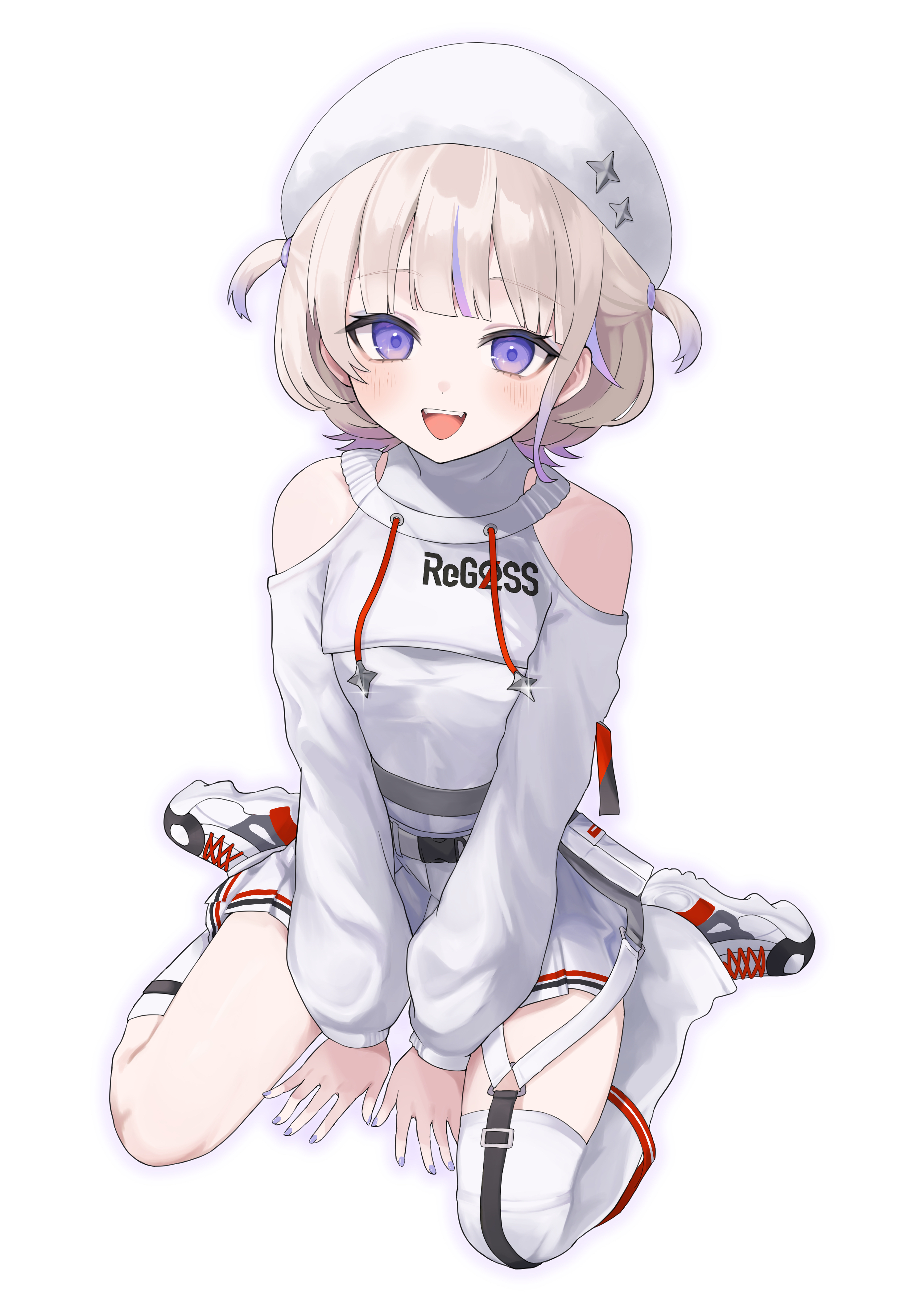 todoroki hajime, todoroki hajime (regloss uniform), hololive, hololive dev is, absurdres, commentary request, highres, 1girl, beret, blonde hair, breasts, clothing cutout, hat, leotard, looking at viewer, multicolored hair, nail polish, pleated skirt, purple eyes, purple hair, purple nails, shirakabamoga, shoes, short hair, shoulder cutout, shrug (clothing), single thighhigh, sitting, skirt, small breasts, solo, streaked hair, thighhighs, virtual youtuber, wariza, white leotard, white shoes, white shrug, white skirt, white thighhighs