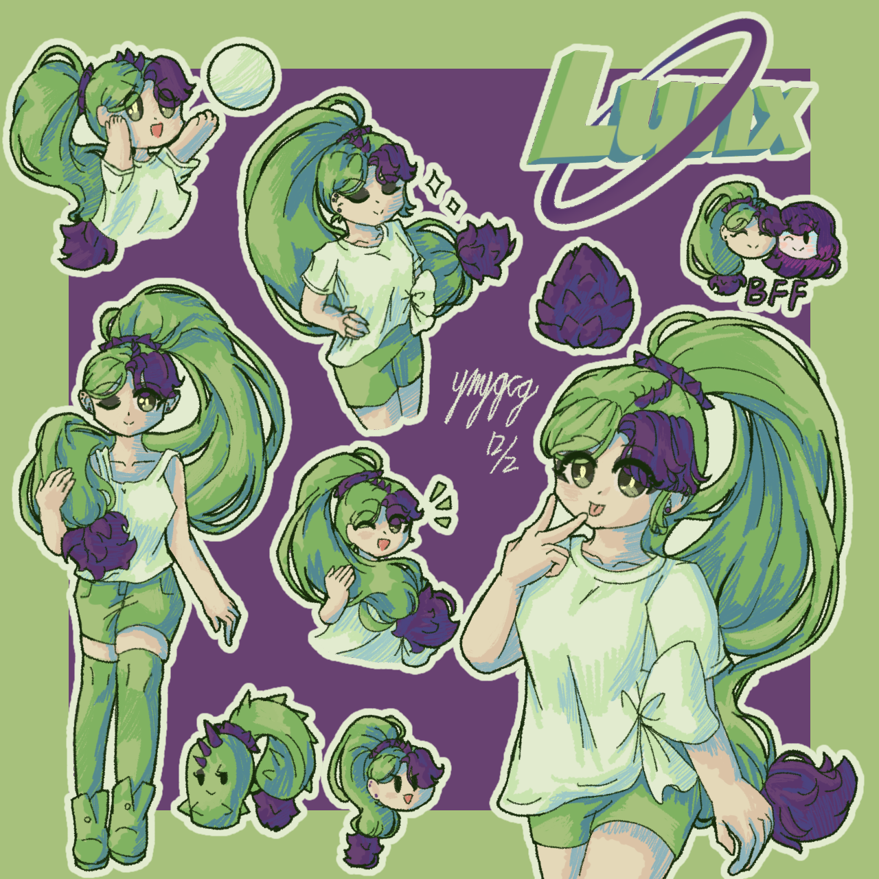 dusk lobber (plants vs. zombies), moonflower (plants vs. zombies), original, plants vs. zombies, plants vs. zombies 2, highres, 2girls, ball, boots, border, bright pupils, bud, character name, chibi, chibi inset, closed eyes, closed mouth, collarbone, creature and personification, eyelashes, eyeshadow, green boots, green border, green eyes, green eyeshadow, green hair, green shorts, green thighhighs, hair over shoulder, hand on own hip, holding, holding own hair, long hair, makeup, multicolored hair, multiple girls, notice lines, one eye closed, open mouth, outline, personification, ponytail, purple background, purple hair, shirt, short sleeves, shorts, simple background, smile, sparkle, spikes, thighhighs, two-tone hair, user vsvc2775, white outline, white pupils, white shirt