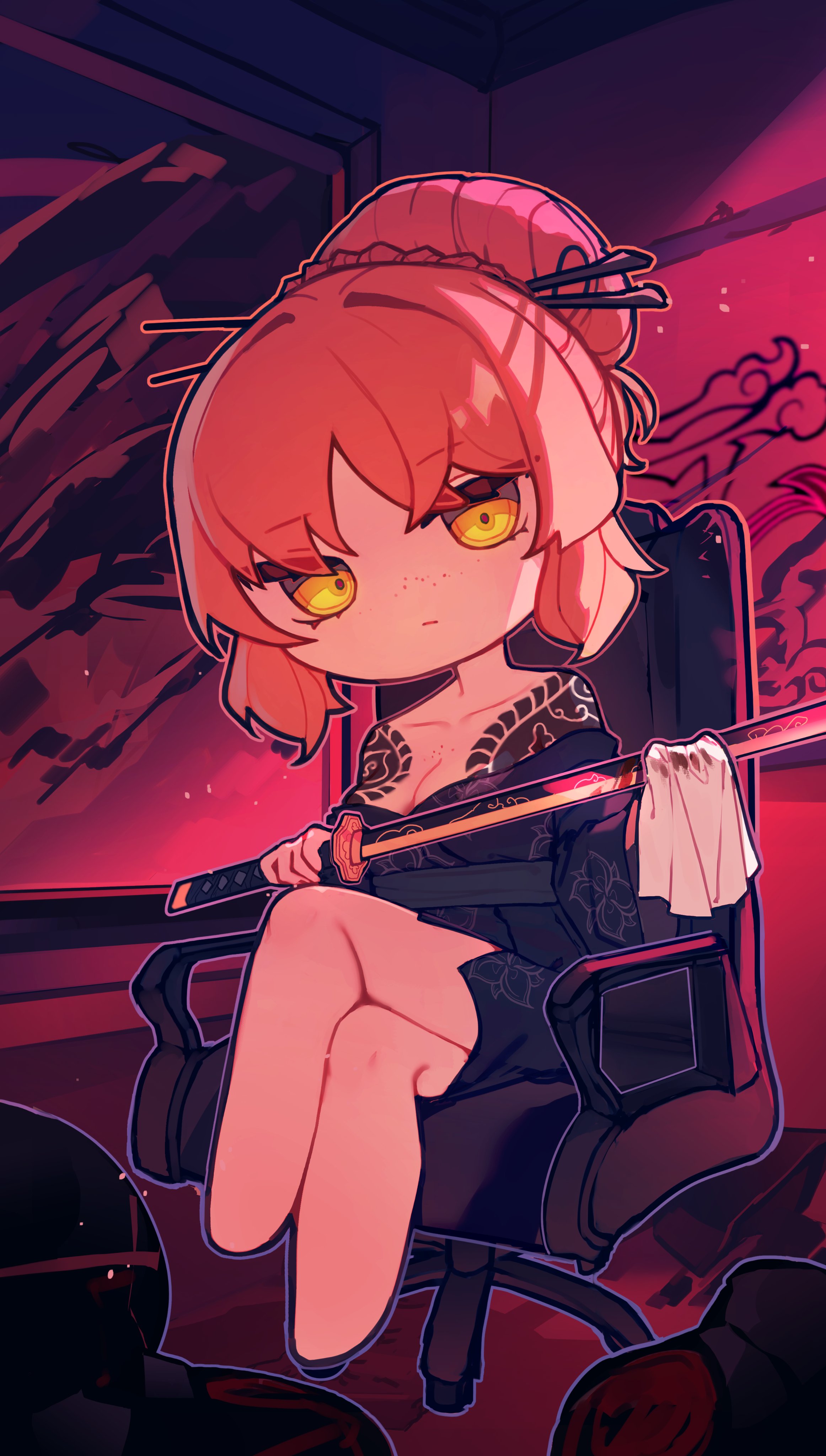 xnol xaxl, ishmael (project moon), limbus company, project moon, absurdres, highres, 1girl, bare shoulders, black kimono, breasts, chair, cleaning sword, cleavage, collared shirt, crossed legs, freckles, hair bun, hair ornament, hair stick, indoors, irezumi, japanese clothes, kimono, kurokumo clan (identity) (project moon), looking at viewer, medium hair, off shoulder, office chair, orange hair, shirt, sitting, solo, swivel chair, tattoo