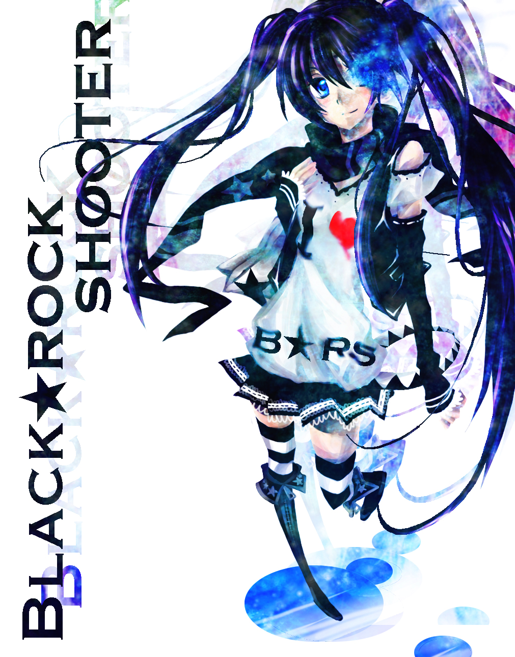 tsukino (pixiv966231), black rock shooter (character), black rock shooter, highres, 10s, 1girl, alternate costume, black hair, blue eyes, detached sleeves, female focus, glowing, glowing eyes, long hair, scarf, smile, solo, striped clothes, striped thighhighs, thighhighs, twintails, very long hair, zettai ryouiki