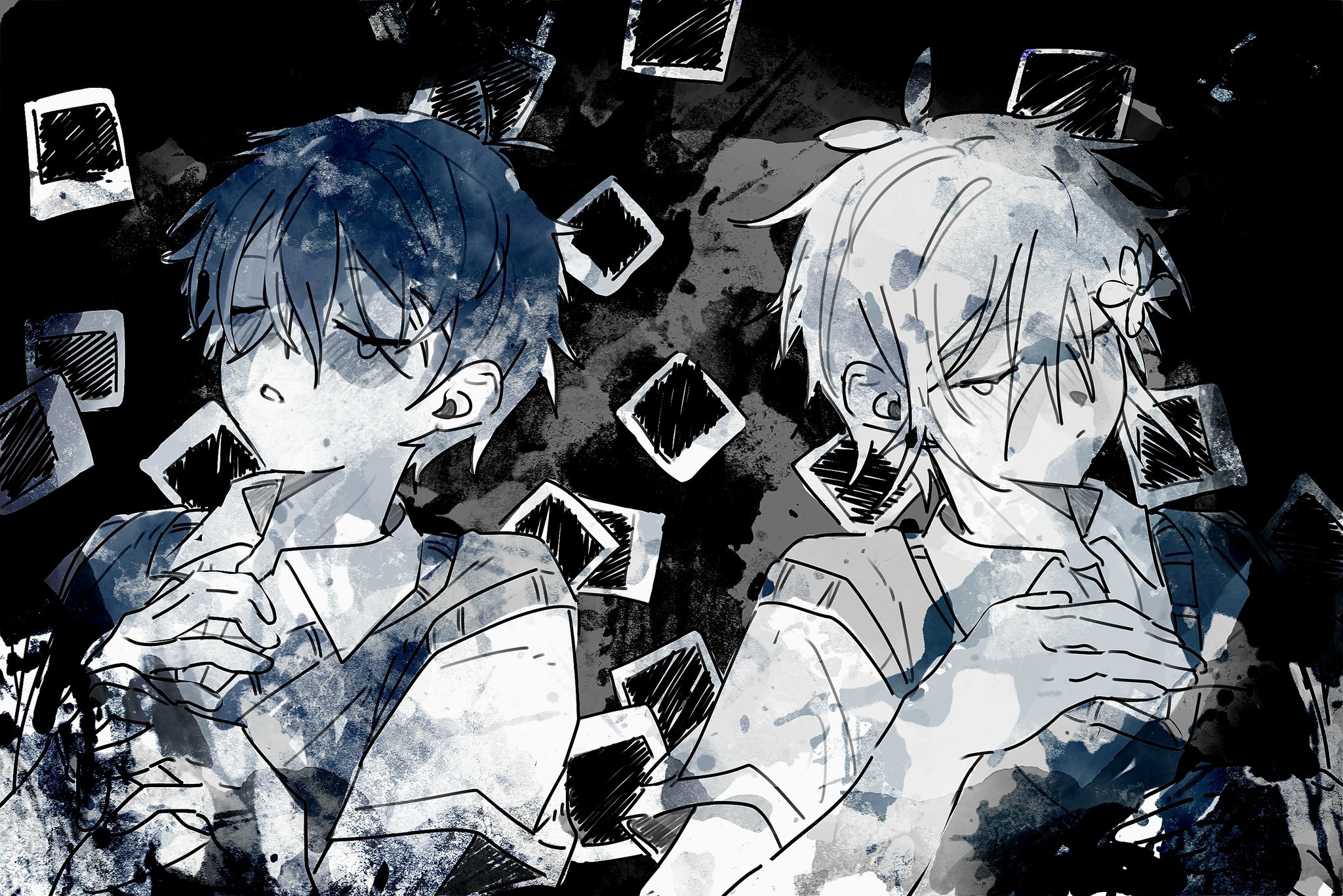 danmuji 07, basil (faraway) (omori), basil (omori), sunny (omori), omori, commentary, english commentary, hashtag-only commentary, highres, 2boys, antenna hair, closed eyes, closed mouth, collared shirt, crying, double-parted bangs, greyscale, hair between eyes, male focus, monochrome, multiple boys, parted lips, photo (object), shirt, short hair, short sleeves, sidelocks, sweater vest