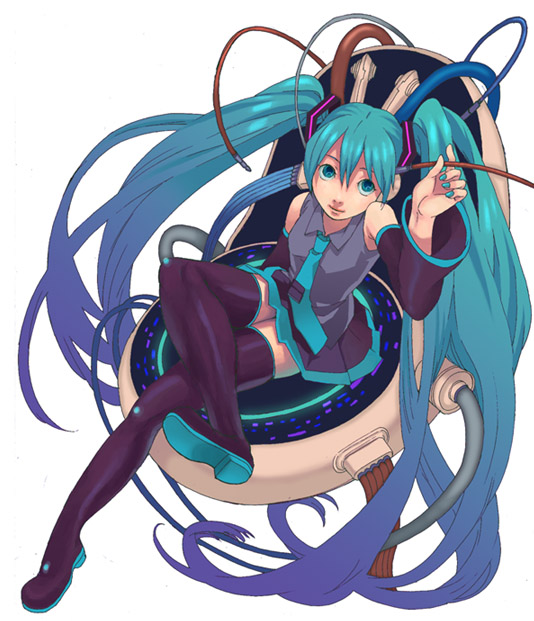 batako, hatsune miku, vocaloid, bad id, bad pixiv id, 1girl, aqua eyes, aqua hair, crossed legs, detached sleeves, female focus, figure four sitting, full body, legs, long hair, necktie, sitting, skirt, smile, solo, thighhighs, twintails, very long hair, zettai ryouiki