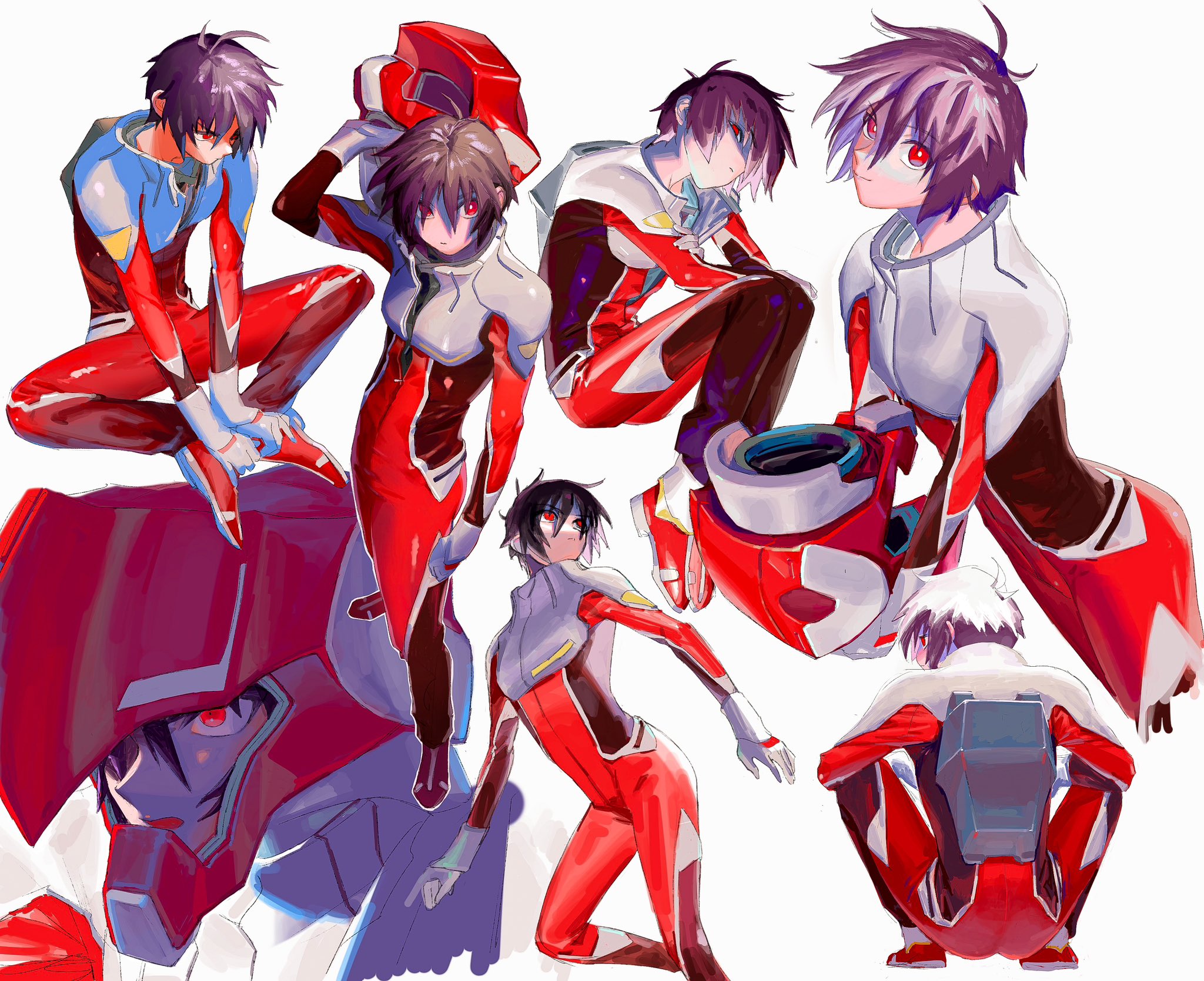 tokumei wombat, shinn asuka, gundam, gundam seed, gundam seed destiny, highres, 1boy, black hair, bodysuit, hair between eyes, helmet, holding, holding unworn helmet, indian style, looking at viewer, looking to the side, male focus, mecha pilot suit, multiple views, red bodysuit, red eyes, short hair, simple background, sitting, squatting, unworn headwear, unworn helmet, white background