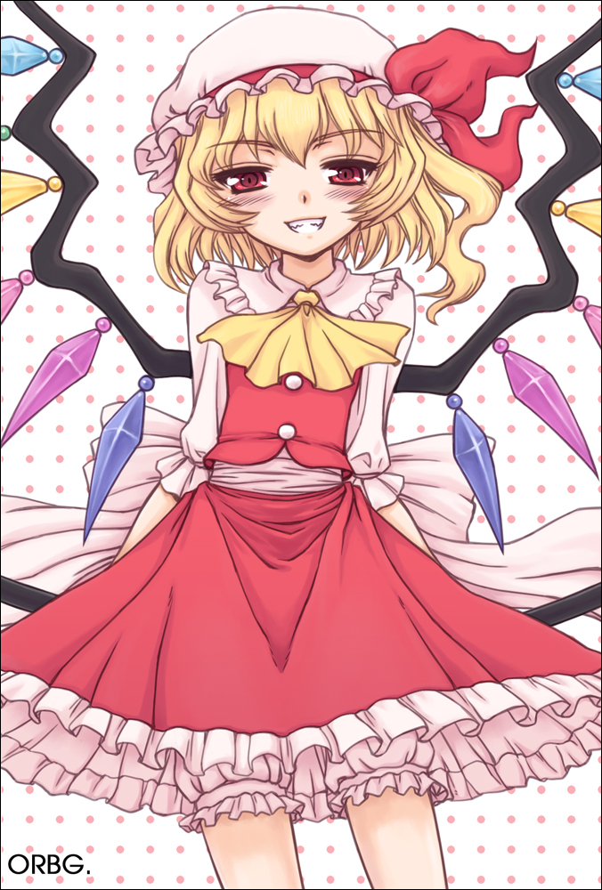 orebalgum, flandre scarlet, touhou, 1girl, arms behind back, blonde hair, bloomers, blush, female focus, grin, hat, polka dot, polka dot background, ponytail, red eyes, short hair, side ponytail, smile, solo, underwear, wings