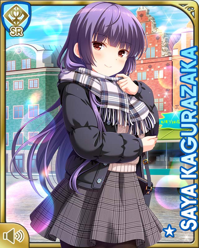 qp:flapper, kagurazaka saya, girlfriend (kari), official art, tagme, 1girl, black coat, black pantyhose, blue hair, brown eyes, card (medium), character name, closed mouth, coat, day, grey skirt, long hair, outdoors, pantyhose, plaid clothes, plaid scarf, plaid skirt, scarf, shirt, skirt, smile, standing, sweater, sweden, white scarf, white sweater, winter clothes