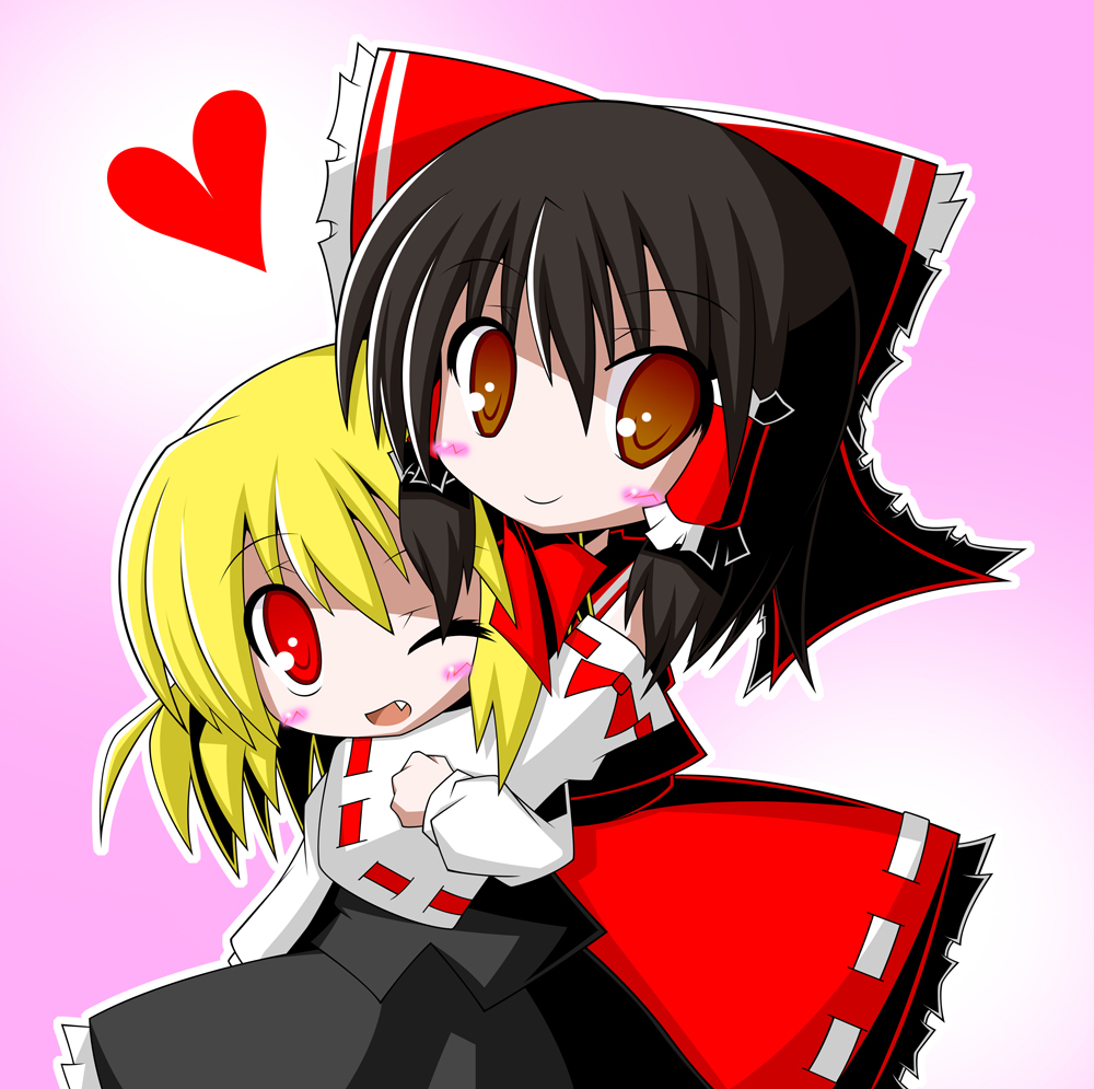 komakoma (magicaltale), hakurei reimu, rumia, embodiment of scarlet devil, touhou, 2girls, blonde hair, brown eyes, brown hair, detached sleeves, fang, female focus, gradient background, heart, japanese clothes, miko, multiple girls, red eyes, skirt, white background