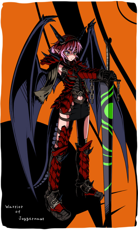 captain freedom, bad id, bad pixiv id, horns, pink hair, pointy ears, solo, sword, tail, weapon, wings, yellow eyes