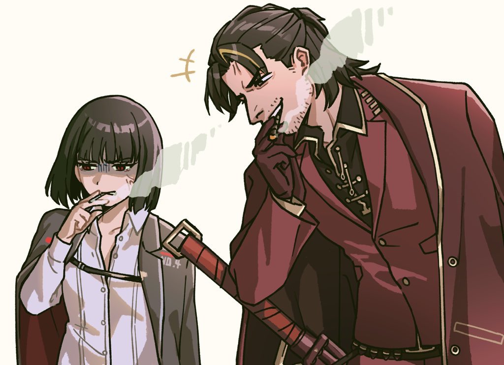 oxy (ho2), lei heng (project moon), ryoshu (project moon), limbus company, project moon, +++, 1boy, 1girl, anger vein, black hair, black shirt, bob cut, cigar, cigarette, coat, collared shirt, cowboy shot, gloves, gold trim, holding, holding cigar, holding cigarette, jacket, lapels, notched lapels, red coat, red eyes, red gloves, red jacket, shirt, short hair, smoke, smoking, sword, weapon, white shirt