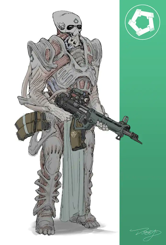 1boy, ammunition box, armor, assault rifle, biomechanical, black eyes, cyborg, dooty, exposed bone, exposed muscle, gun, holding, holding weapon, loincloth, magazine (weapon), male focus, project morningstar, rifle, science fiction, scope, shoulder tattoo, simple background, solo, tattoo, weapon