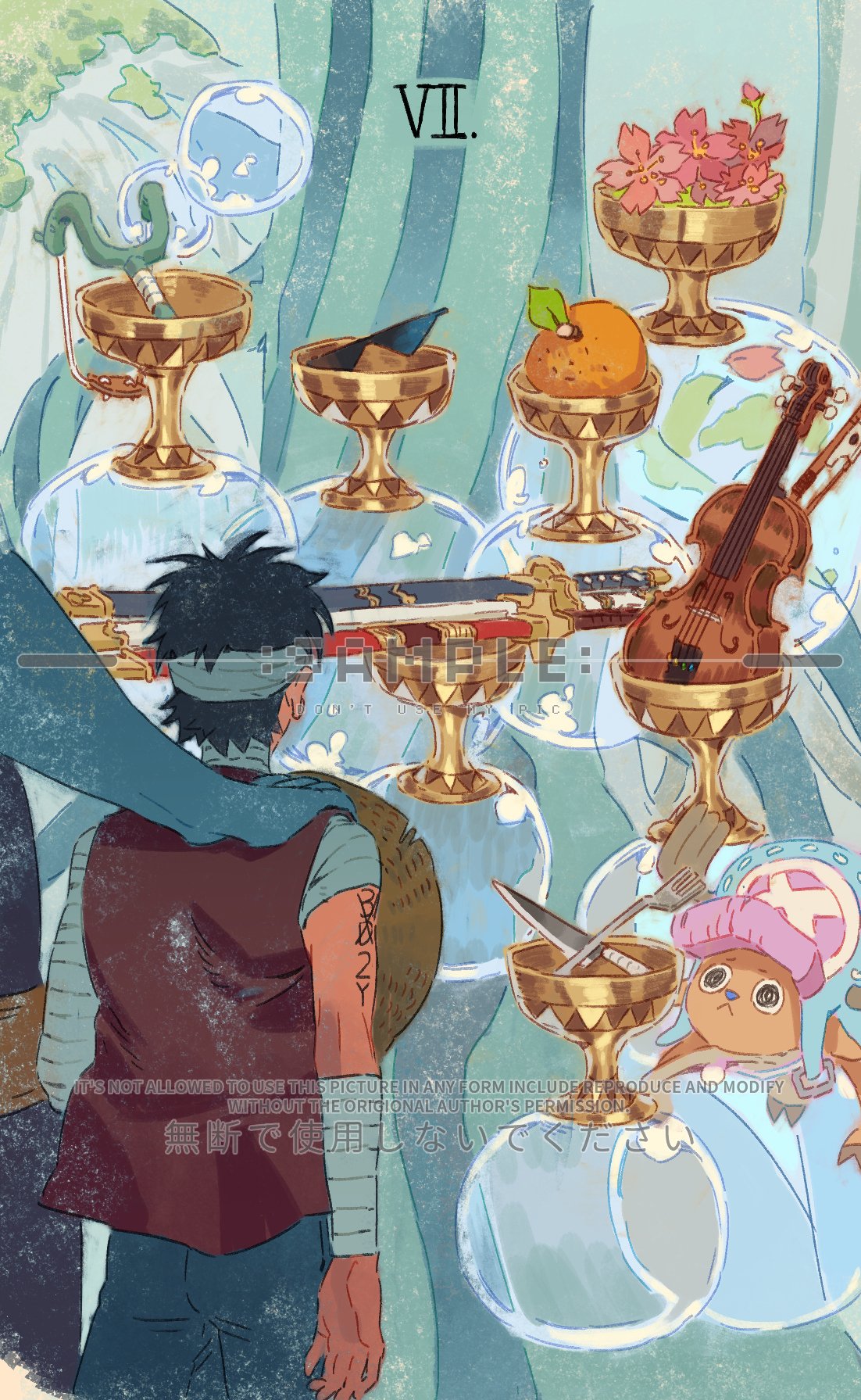 siyangou49, jinbe (one piece), monkey d. luffy, tony tony chopper, one piece, commentary, highres, 3boys, back, bandages, black hair, bubble, cross, cup, flower, food, fork, fruit, hand on another's shoulder, hood, instrument, male focus, mandarin orange, multiple boys, roman numeral, sample watermark, spoon, sunglasses, sword, violin, watermark, weapon