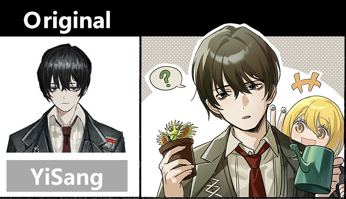 oxy (ho2), don quixote (project moon), yi sang (project moon), limbus company, project moon, 1boy, 1girl, black coat, black eyes, black hair, black vest, blonde hair, coat, coat on shoulders, collared shirt, flower pot, holding, holding flower pot, holding watering can, necktie, open mouth, plant, red necktie, shirt, short hair, smile, venus flytrap, vest, watering can, white shirt, yellow eyes