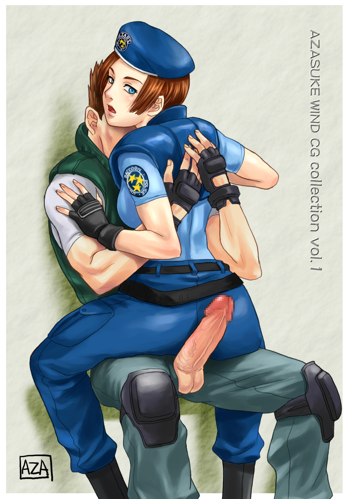 azasuke, chris redfield, jill valentine, resident evil, highres, 1boy, 1girl, beret, buttjob, censored, hat, hetero, looking back, penis, sex, sitting, sitting on person