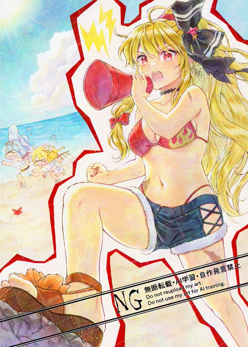 alto2019, flandre scarlet, flandre scarlet (vampire's sister prepared for splashes and sunlight), kirisame marisa, kirisame marisa (witch of scarlet dreams), kirisame marisa (witch of scarlet dreams on vacation), remilia scarlet, remilia scarlet (vampire prepared for splashes and sunlight), touhou, touhou lostword, adversarial noise, commentary request, 3girls, alternate costume, alternate hairstyle, alternate headwear, beach, bikini, bikini skirt, bikini top only, black bow, black choker, blonde hair, bow, breasts, burn scar, choker, cleavage, cloud, collarbone, crystal, crystal wings, eyewear on head, flower, flying sweatdrops, hair bow, hair flower, hair ornament, hat, holding, holding megaphone, long hair, megaphone, multicolored wings, multiple girls, navel, ocean, open mouth, outdoors, ponytail, red bikini, red bow, red eyes, sample watermark, sand, sandals, scar, short shorts, shorts, signature, solo focus, stomach, sun, sun hat, sunglasses, swimsuit, very long hair, watermark, watermark grid, white-framed eyewear, white bikini, white flower, white hat, wings, x (symbol)