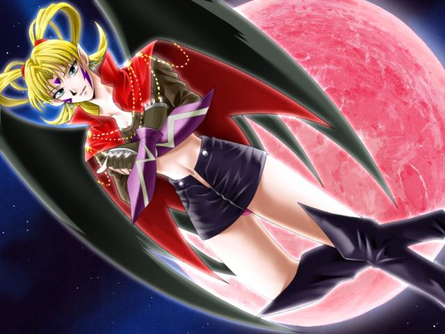 uran, girl doll 2 shisha, blonde hair, demon, facepaint, miniskirt, moon, skirt, space, wings