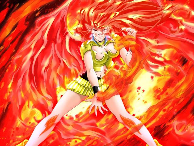 uran, girl doll 2 shisha, 1girl, armor, breasts, cleavage, elf, female focus, fiery hair, fire, gold armor, huge breasts, legs, miniskirt, pointy ears, skirt, solo