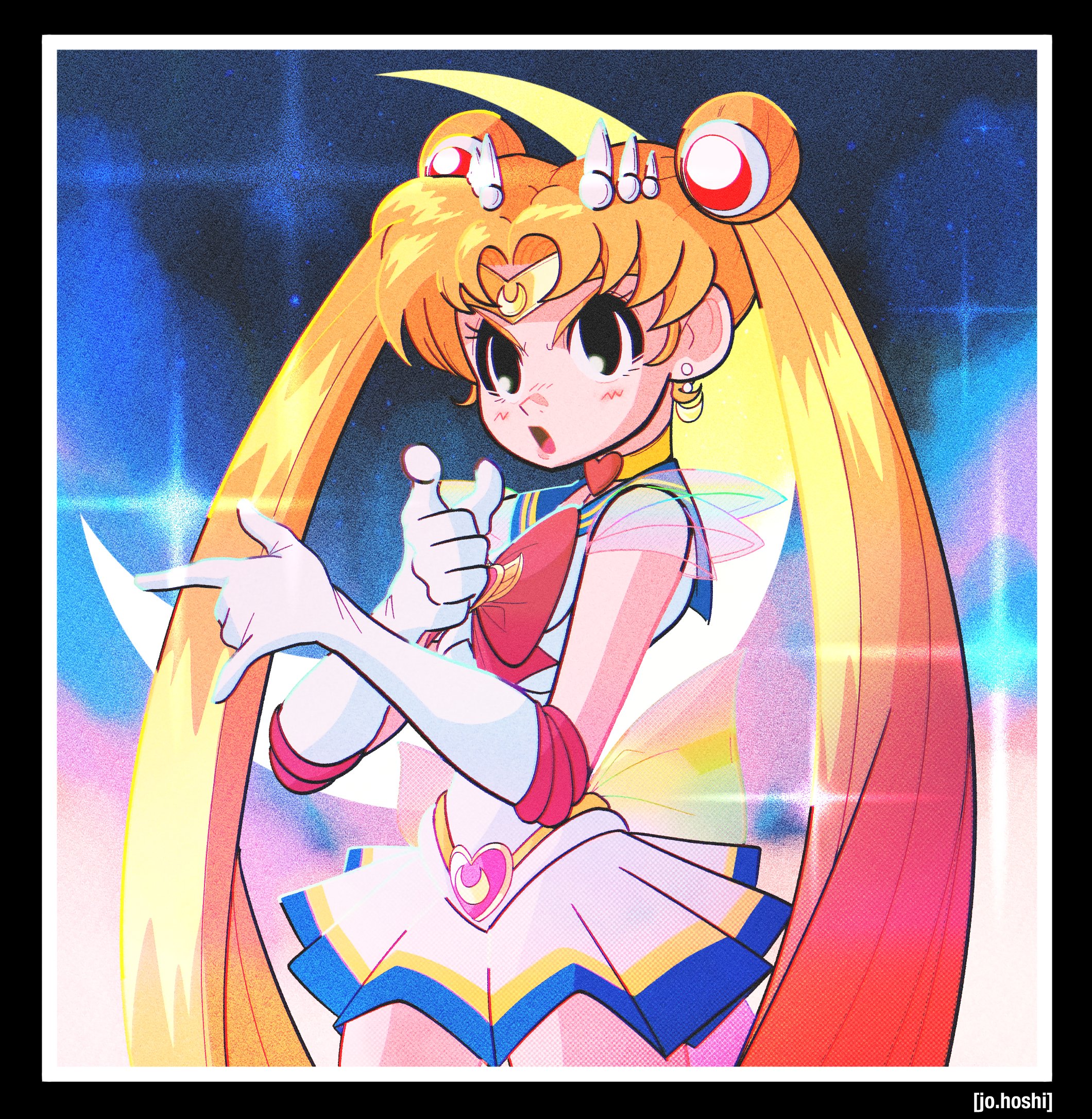 jo.hoshi, sailor moon, super sailor moon, tsukino usagi, bishoujo senshi sailor moon, highres, 1girl, m/, artist name, black border, black eyes, blonde hair, blue background, blue sailor collar, border, bow, chest bow, circlet, cowboy shot, crescent, crescent earrings, double bun, earrings, gloves, hair bun, jewelry, leotard, long hair, open mouth, red bow, sailor collar, sailor senshi uniform, skirt, solo, tsuki ni kawatte oshioki yo, twintails, very long hair, white gloves, white leotard, white skirt