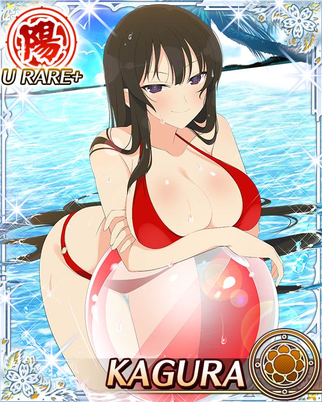 kagura (senran kagura), senran kagura, senran kagura new wave, game cg, official art, third-party source, 1girl, arms under breasts, ball, beachball, bent over, bikini, black eyes, black hair, blue pupils, border, breasts, card (medium), character name, cleavage, closed mouth, crossed arms, day, flower-shaped pupils, gluteal fold, groin, large breasts, leaning on object, light blush, long hair, looking at viewer, ocean, red bikini, skindentation, smile, solo, swimsuit, symbol-shaped pupils, very long hair, wading, wet