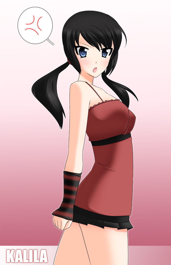 framboosi, kalila parand delara, original, 1girl, angry, bare shoulders, black hair, blue eyes, blush, dress, female focus, kalila, open mouth, solo, twintails
