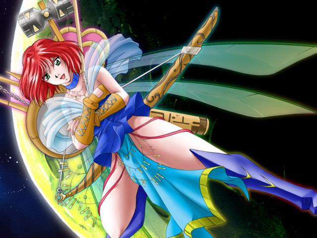 uran, girl doll 2 shisha, bow, green eyes, hammer, loincloth, red hair, space