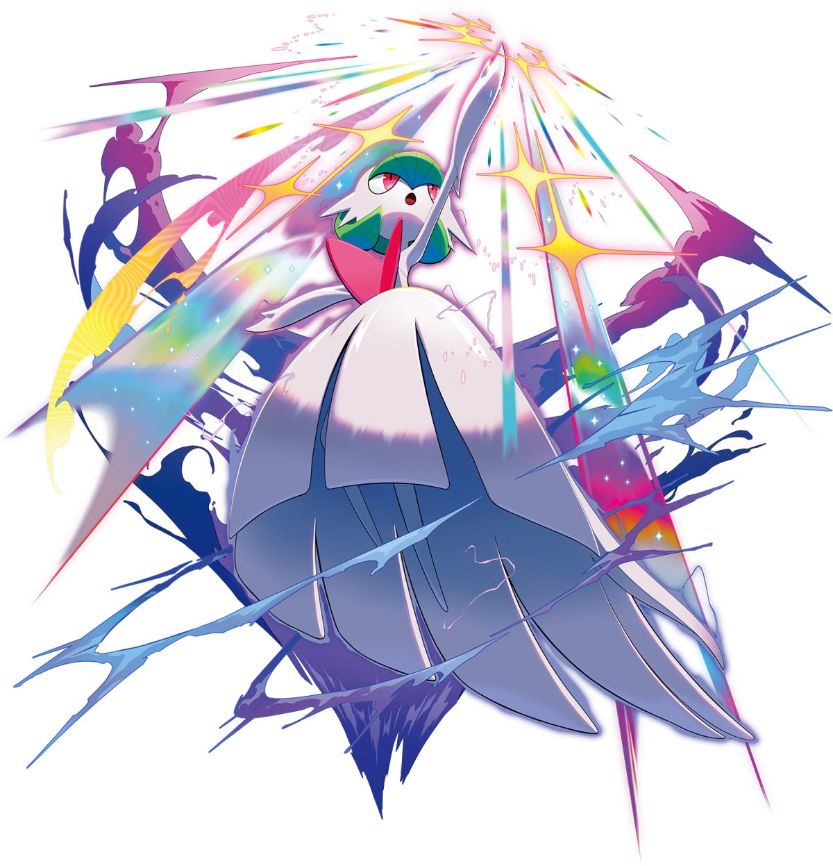 gardevoir, mega gardevoir, nintendo, pokemon, highres, non-web source, official art, :o, bob cut, full body, gen 3 pokemon, glowing, looking up, mega pokemon, outstretched arms, pink eyes, pokemon (creature), solo, transparent background