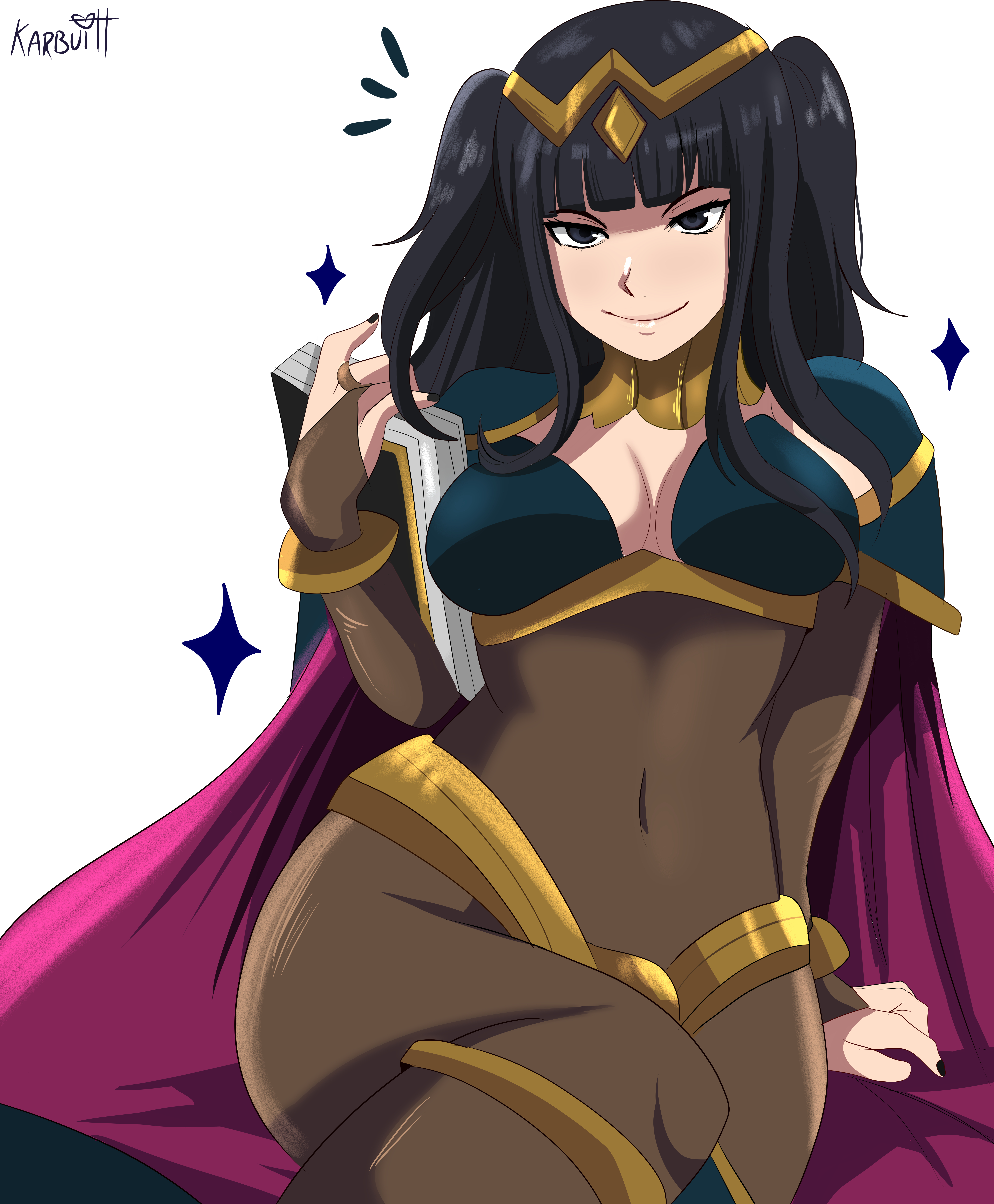karbuitt, tharja (fire emblem), fire emblem, nintendo, highres, 1girl, arm support, artist name, black eyes, black hair, breasts, cape, cleavage, covered navel, crossed arms, large breasts, lips, looking at viewer, navel, seductive gaze, seductive smile, see-through clothes, sitting, smile, twintails