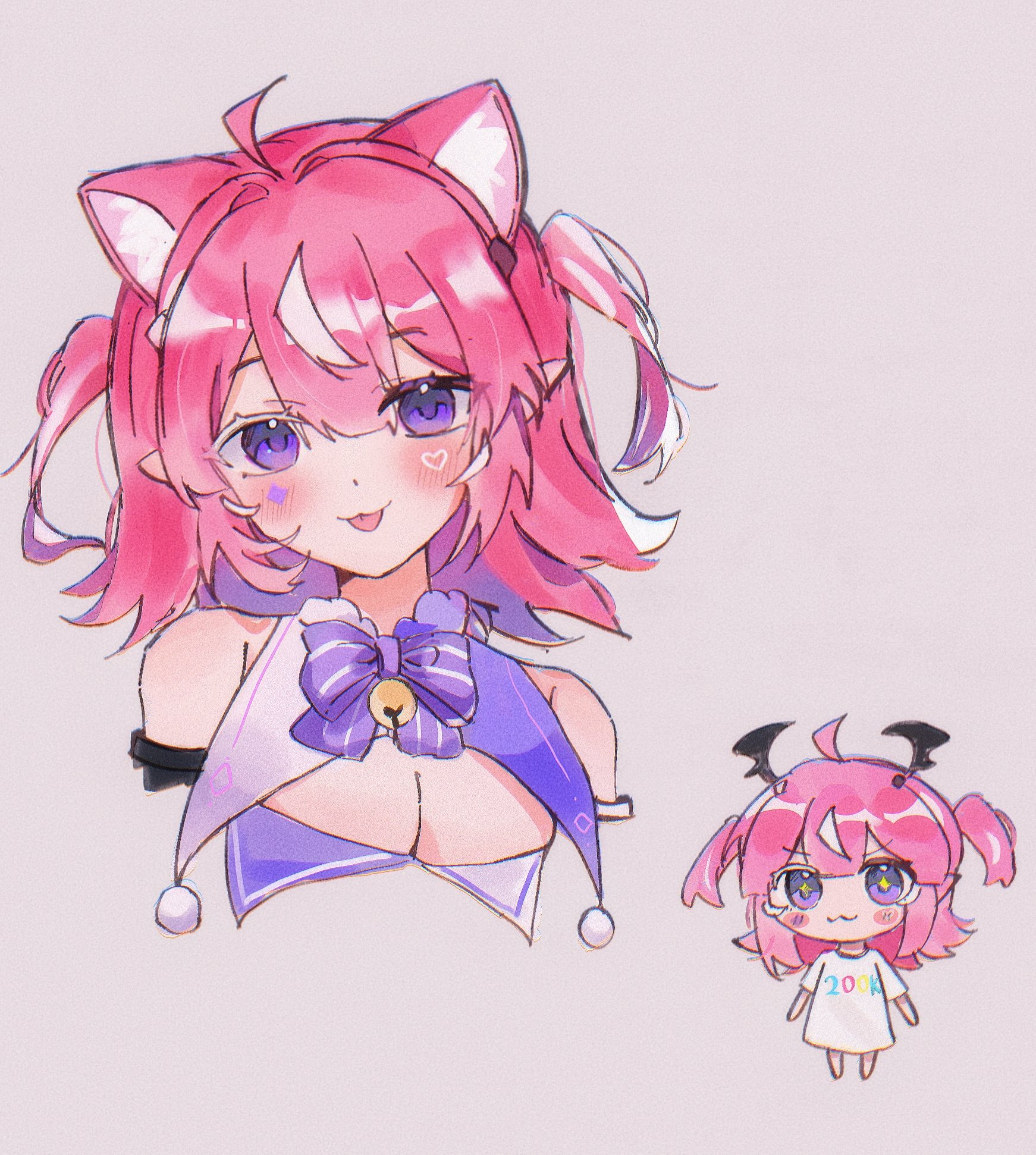pinkpink939, camila (cami 2.0) (vtuber), camila (vtuber), indie virtual youtuber, commentary, english commentary, highres, + +, 1girl, :3, ahoge, animal ears, bare shoulders, blush, blush stickers, bow, breasts, cat ears, cat girl, chibi, chibi inset, cleavage, closed mouth, cropped shoulders, diamond facial mark, eyelashes, facial mark, grey background, hair between eyes, hair ornament, head wings, heart, heart facial mark, kemonomimi mode, medium hair, multicolored hair, multiple views, pink hair, pointy ears, purple bow, purple eyes, shirt, short sleeves, simple background, smile, streaked hair, tongue, tongue out, two-tone hair, two side up, virtual youtuber, white hair, white shirt, wings