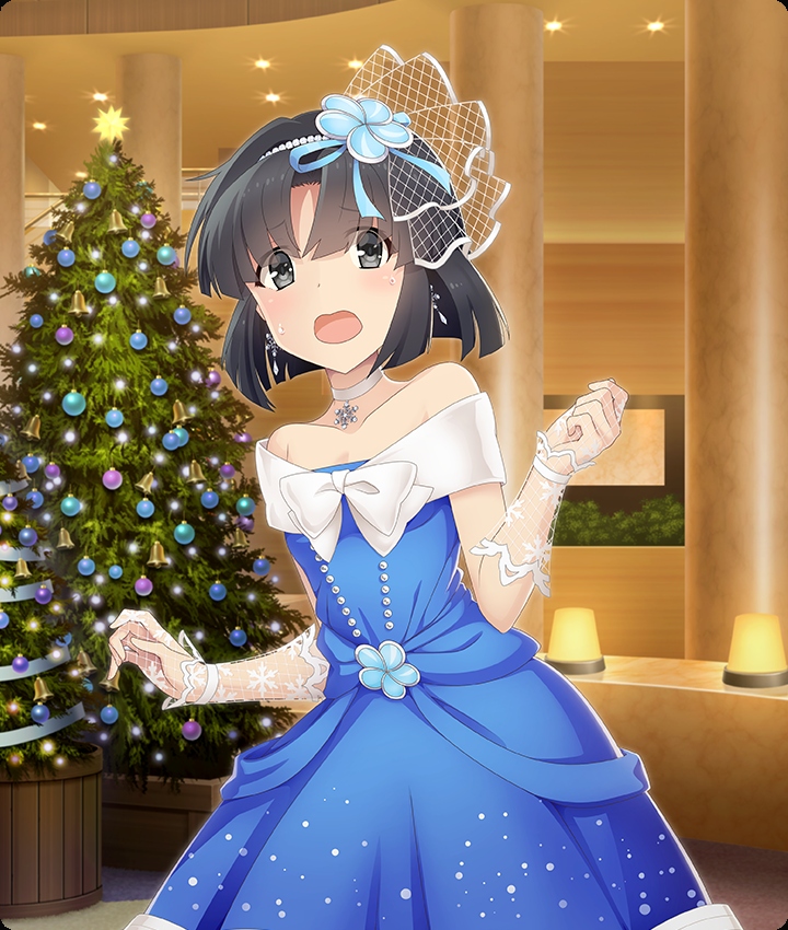 musumi kiyoka, toji no miko, toji no miko: kizamishi issen no tomoshibi, game cg, official art, third-party source, 1girl, :o, bare shoulders, bell, black hair, blue dress, blue ribbon, blush, bow, bowtie, breasts, ceiling light, choker, christmas, christmas ornaments, christmas star, collarbone, cowboy shot, dot nose, dress, earrings, elbow gloves, formal clothes, gloves, grey eyes, hair ornament, hair ribbon, hands up, indoors, jewelry, lace, lace gloves, large bow, off-shoulder dress, off shoulder, open mouth, parted bangs, pendant choker, pillar, print gloves, ribbon, short hair, small breasts, snowflake ornament, snowflake pendant, snowflake print, solo, sweat, tinsel, white bow, white bowtie, white choker, white gloves