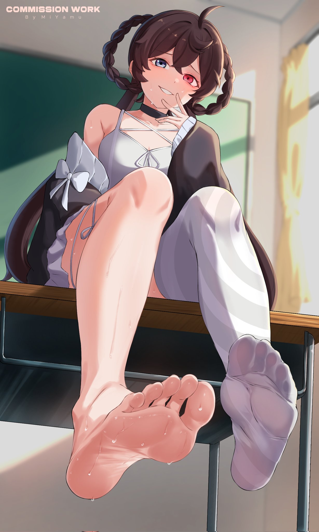 miyamu, highres, 1girl, barefoot, blue eyes, brown hair, classroom, desk, feet, heterochromia, long hair, looking at viewer, parted lips, red eyes, school desk, single thighhigh, sitting, soles, sweat, thighhighs, toes, white thighhighs