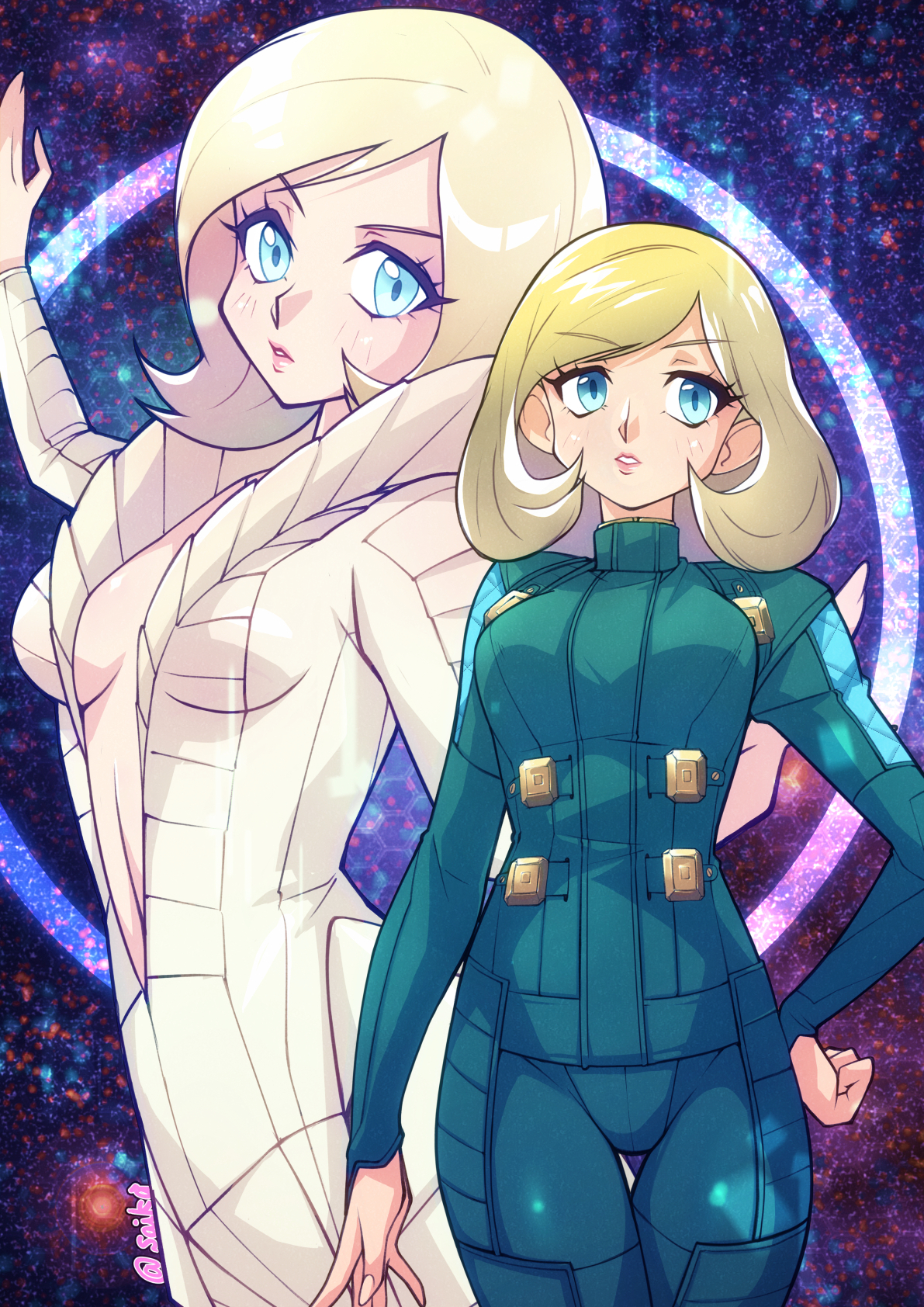 saika (pixiv43370196), zelenin (strange journey), shin megami tensei, shin megami tensei: strange journey, highres, 2girls, blonde hair, blue eyes, bodysuit, breasts, center opening, cowboy shot, hand on own hip, looking at viewer, medium hair, military uniform, multiple girls, pink lips, spacesuit, sparkle background, white bodysuit