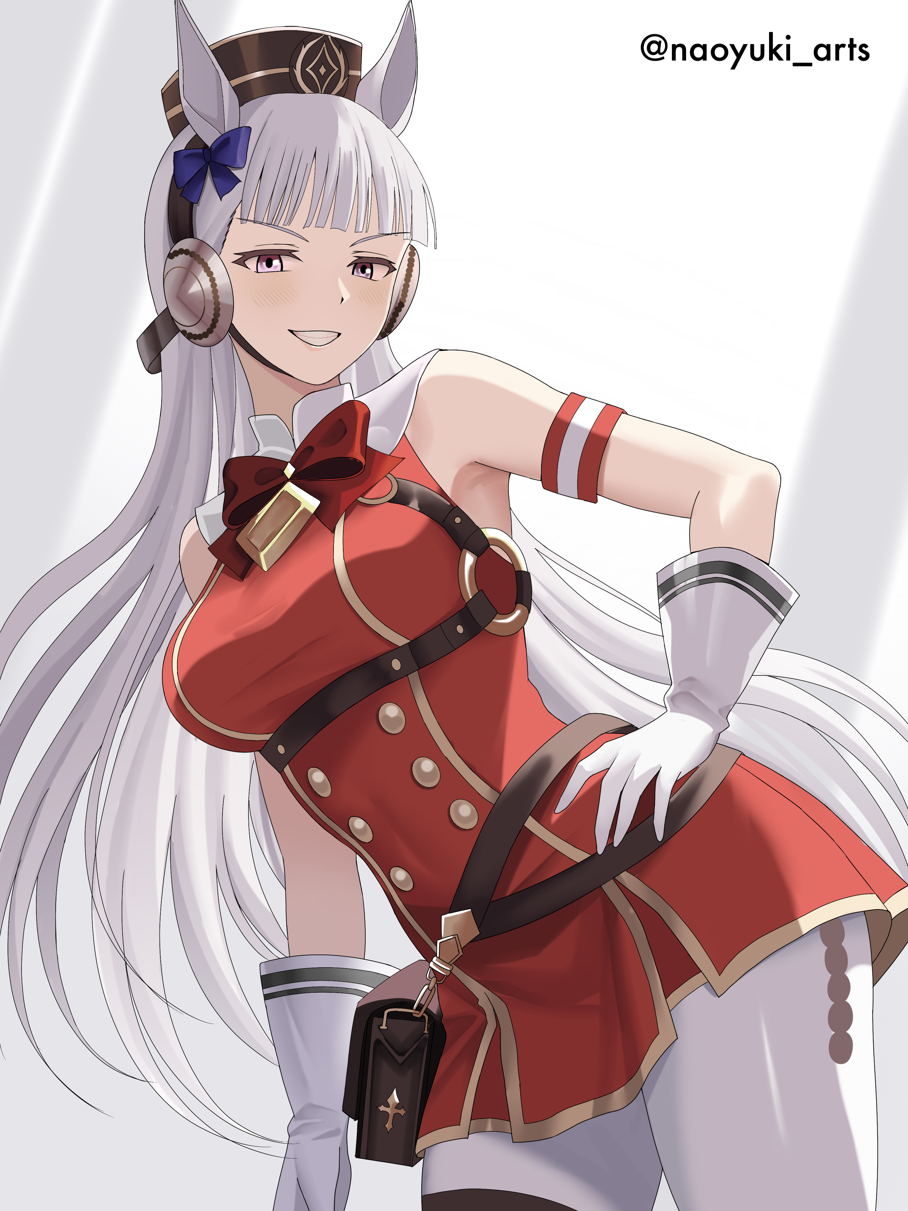 naoyuki arts, gold ship (red strife) (umamusume), gold ship (umamusume), umamusume, absurdres, commentary, highres, 1girl, animal ears, armband, blunt bangs, bow, bowtie, breasts, brown hat, contrapposto, dress, ear bow, gloves, grey hair, grin, hand on own hip, hat, horse ears, horse girl, horse tail, long hair, looking at viewer, medium breasts, open mouth, pantyhose, pillbox hat, purple bow, purple eyes, red bow, red bowtie, red dress, sleeveless, sleeveless dress, smile, solo, striped armband, striped clothes, tail, teeth, thigh strap, white gloves, white pantyhose