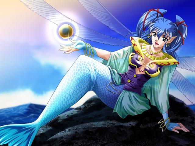 uran, girl doll 2 shisha, blue hair, breasts, cleavage, jewelry, mermaid, monster girl, pointy ears, wings
