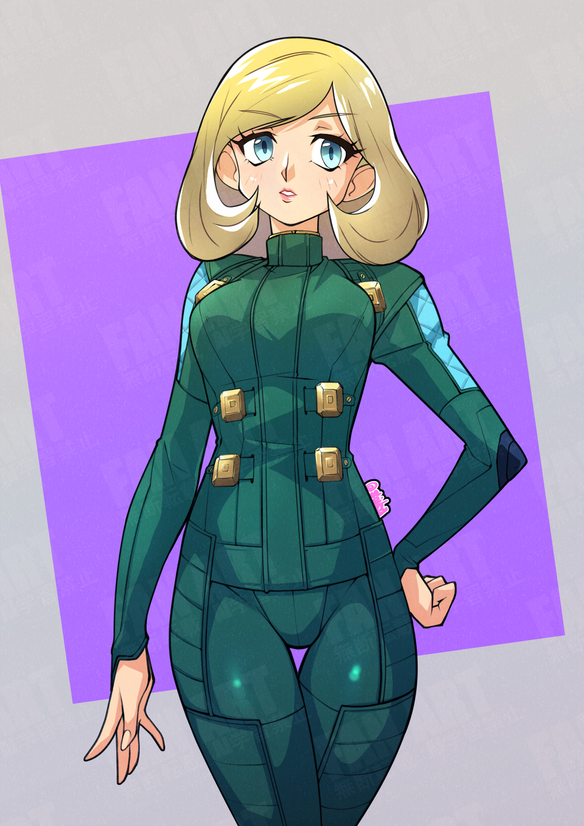 saika (pixiv43370196), zelenin (strange journey), shin megami tensei, shin megami tensei: strange journey, highres, 1girl, artist name, blonde hair, blue eyes, border, cowboy shot, grey background, hand on own hip, looking at viewer, medium hair, military uniform, pink lips, purple border, signature, solo, spacesuit