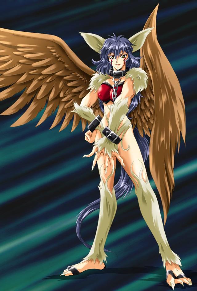 fur, source request, animal ears, breasts, claws, collar, covered erect nipples, cuffs, facepaint, long hair, wings, wolf ears