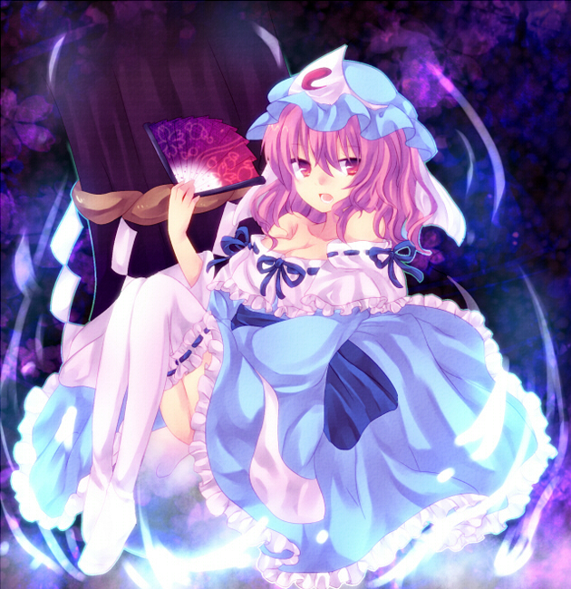 nonaka, saigyouji yuyuko, touhou, bad id, bad pixiv id, 1girl, bare shoulders, breasts, cleavage, female focus, folding fan, frills, hand fan, hat, japanese clothes, pink eyes, pink hair, short hair, solo, thighhighs, zettai ryouiki
