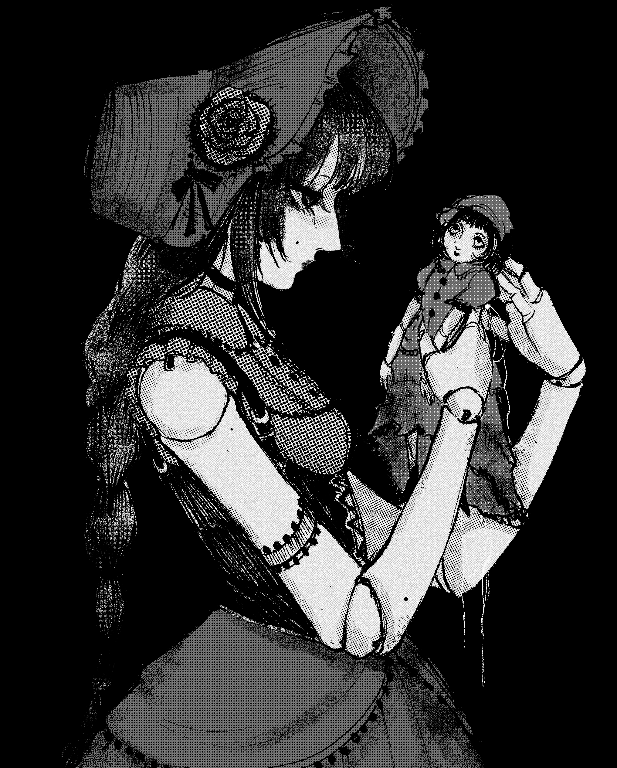 crimescenepartz, original, absurdres, commentary, english commentary, highres, 1girl, bare arms, black background, braid, breasts, choker, closed mouth, corset, doll, doll joints, flower, from side, gothic lolita, greyscale, halftone, hat, hat flower, holding, holding doll, joints, lolita fashion, long hair, looking at doll, monochrome, simple background, single braid, sketch, skirt, small breasts, solo, very long hair