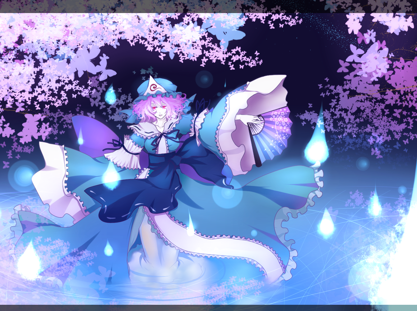yume koucha, saigyouji yuyuko, touhou, bad id, bad pixiv id, 1girl, bug, butterfly, dress, female focus, ghost, hand fan, hat, japanese clothes, nature, pale skin, pink eyes, pink hair, plant, short hair, solo