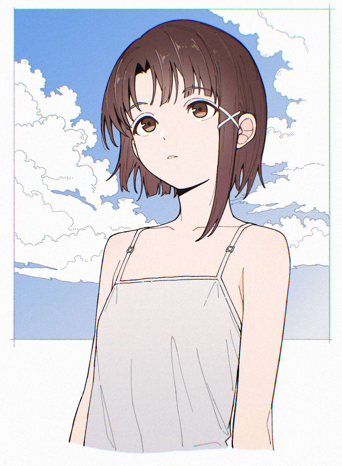 qaqyes re, iwakura lain, serial experiments lain, commentary request, highres, 1girl, blue sky, border, brown eyes, brown hair, camisole, cloud, cloudy sky, collarbone, hair ornament, looking afar, parted bangs, parted lips, short hair, single sidelock, sky, solo, upper body, white border, white camisole, x hair ornament