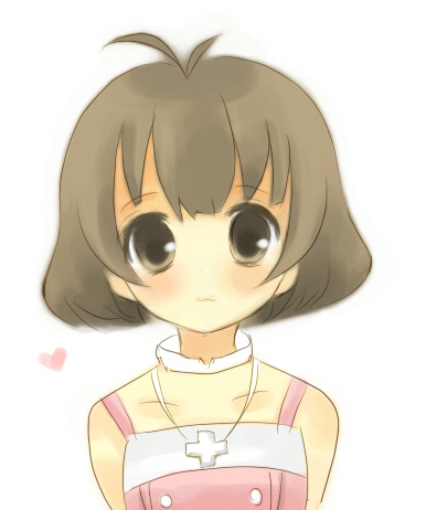 rei (artst), akizuki ryo, idolmaster, idolmaster dearly stars, bad id, bad pixiv id, lowres, 00s, 1boy, :3, antenna hair, bare shoulders, blush, brown eyes, brown hair, cross, crossdressing, crossdressing (mtf), cute & girly (idolmaster), heart, jewelry, male focus, necklace, short hair, simple background, smile, solo, trap