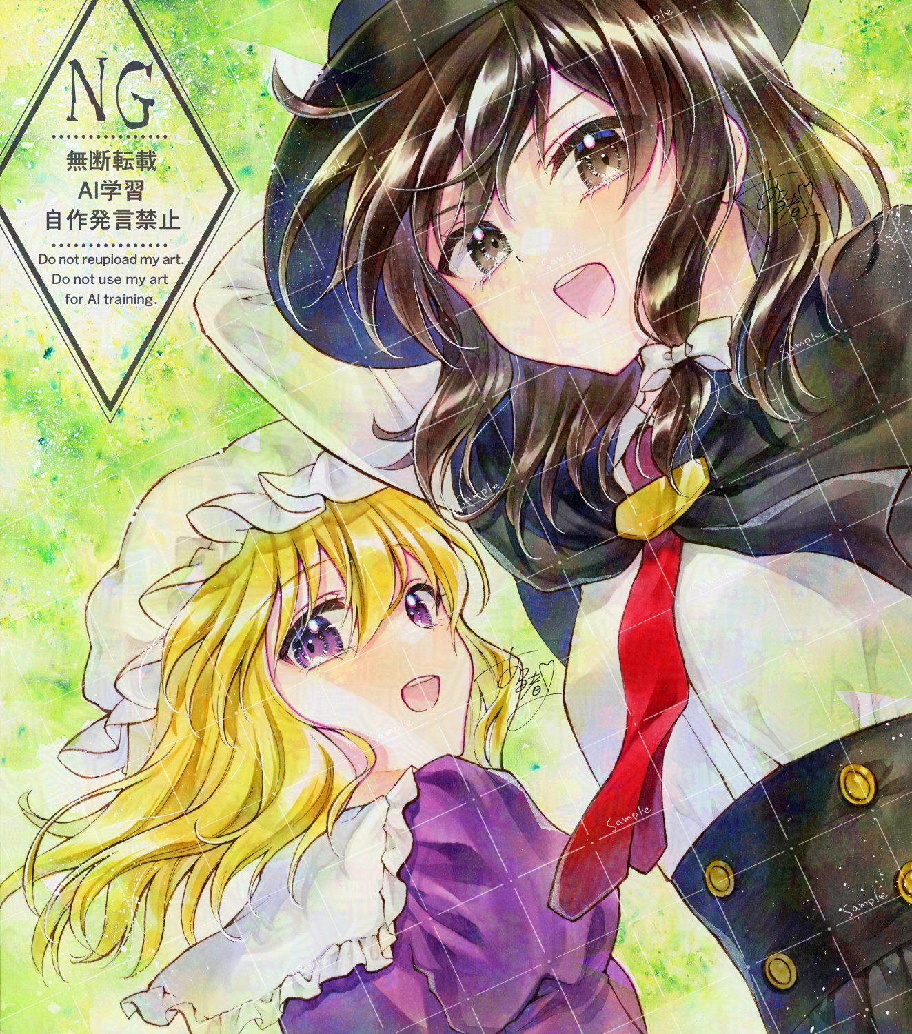 alto2019, maribel hearn, usami renko, touhou, commentary request, highres, 2girls, black capelet, black hat, black skirt, blonde hair, bow, brown eyes, brown hair, capelet, dress, hair bow, hat, long hair, looking at viewer, mob cap, multiple girls, necktie, open mouth, purple dress, purple eyes, red necktie, sample watermark, shirt, shirt tucked in, signature, skirt, smile, watermark, watermark grid, white bow, white hat, white shirt