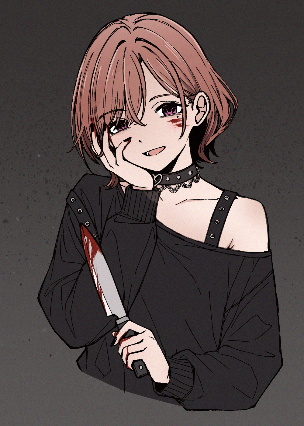 qaqyes re, higuchi madoka, idolmaster, idolmaster shiny colors, commentary request, highres, 1girl, black choker, black nails, black shirt, blood, blood on face, blood on hands, bloody knife, brown hair, choker, cropped torso, fingernails, hand on own face, holding, holding knife, knife, long sleeves, looking at viewer, mole, mole under eye, nail polish, open mouth, purple eyes, shirt, short hair, smile, solo, studded choker, yandere