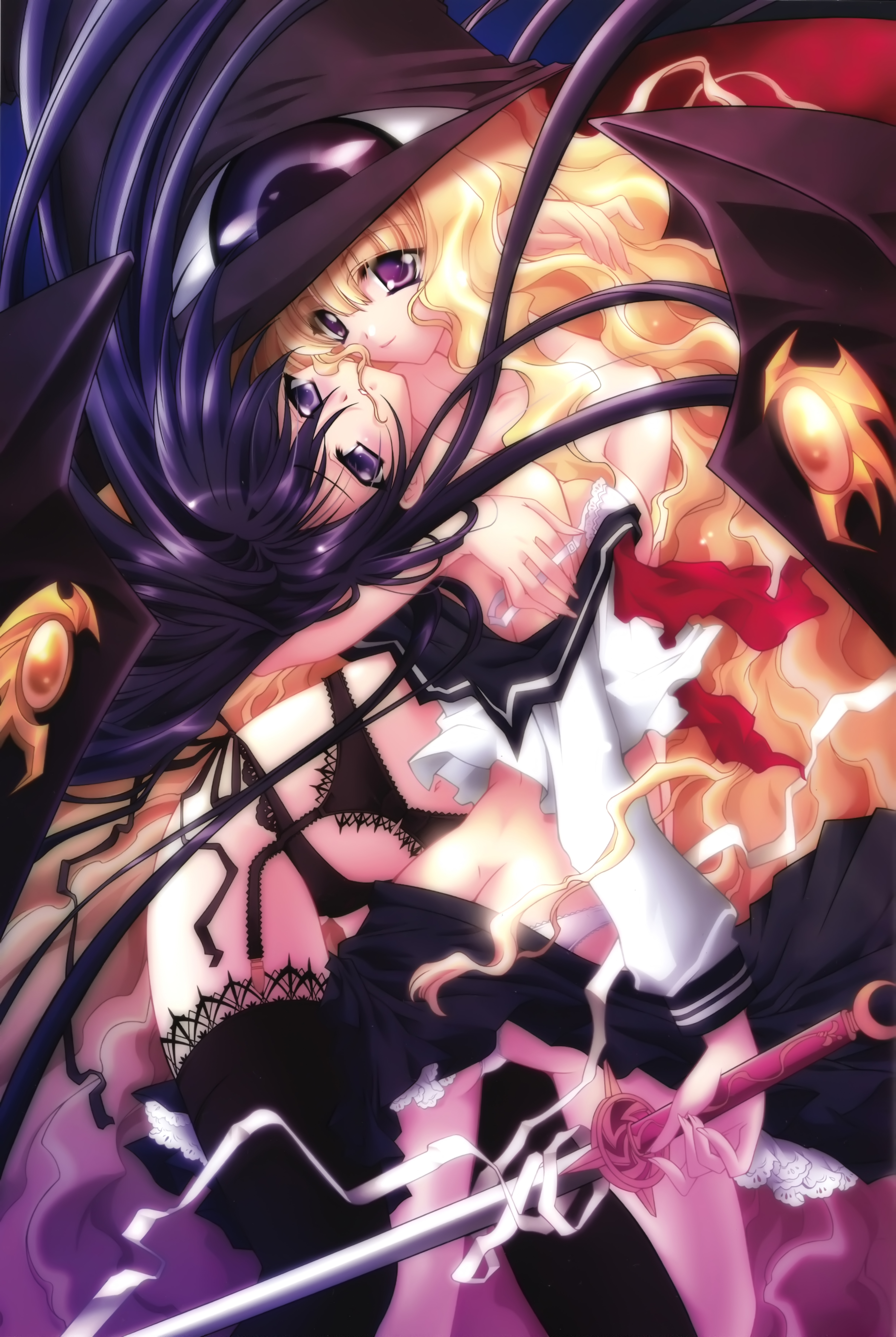 carnelian, nishida asako, azuma hazuki, lilith (yamibou), yami to boushi to hon no tabibito, absurdres, artbook, highres, scan, 00s, 2girls, black panties, breasts, garter belt, garter straps, hat, large breasts, long hair, looking at viewer, multiple girls, panties, school uniform, serafuku, sword, thighhighs, underwear, weapon, white panties, witch hat