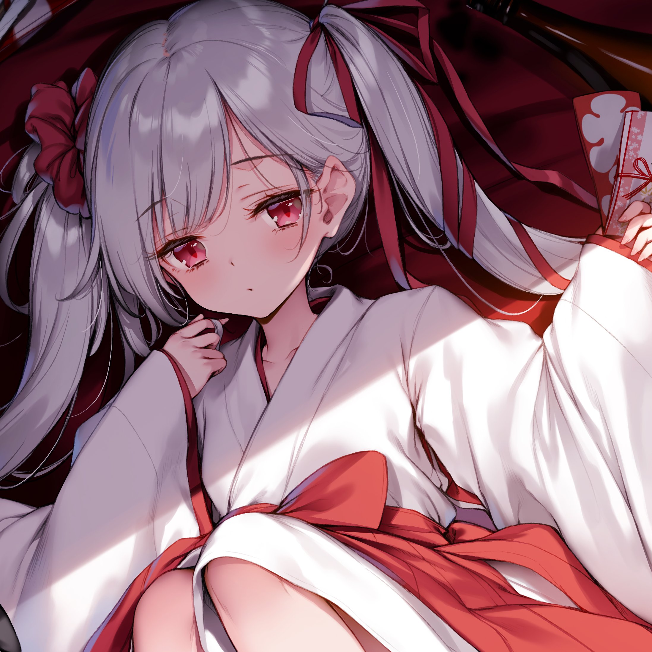 ke-ta, original, character request, check character, check copyright, commentary request, copyright request, highres, 1girl, blush, bow, card, hair ribbon, holding, holding card, indoors, japanese clothes, kimono, knees to chest, light blush, long hair, looking at viewer, lying, parted bangs, parted lips, portrait, red background, red bow, red eyes, red ribbon, ribbon, sidelocks, simple background, sitting, sleeves past wrists, twintails, white hair, white kimono, wide sleeves
