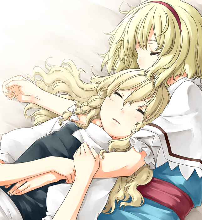 sakuraba yuuki, alice margatroid, kirisame marisa, touhou, 2girls, blonde hair, female focus, holding hands, lying, multiple girls, on back, on side, sleeping, yuri